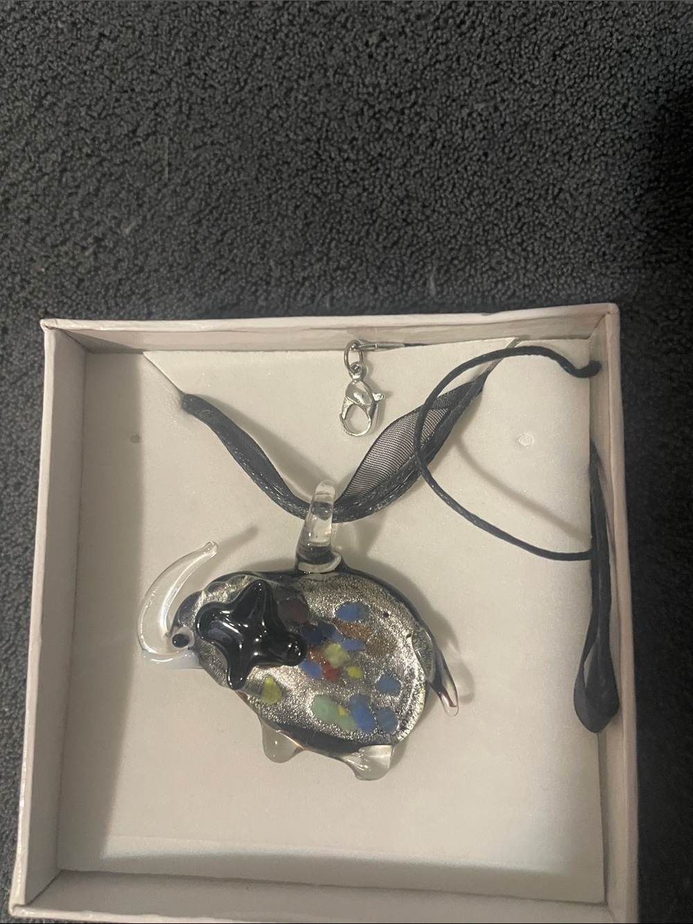 Multicolor Glass Elephant Pendant Necklace in Black Cord